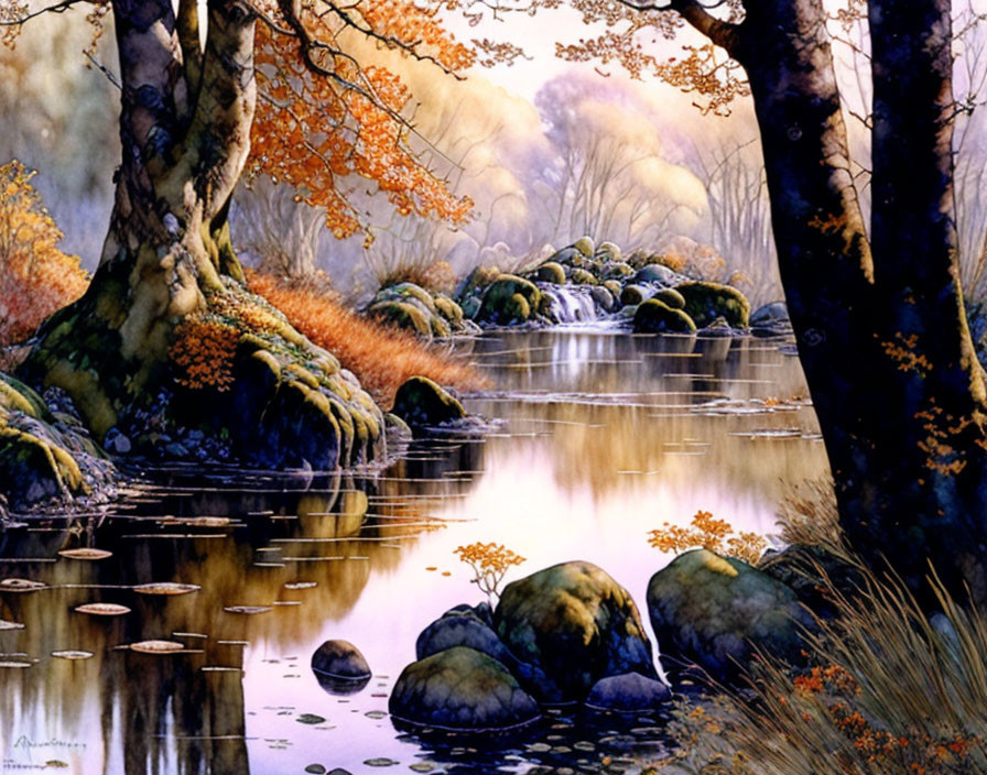 Tranquil autumn forest creek with colorful leaves and large stones