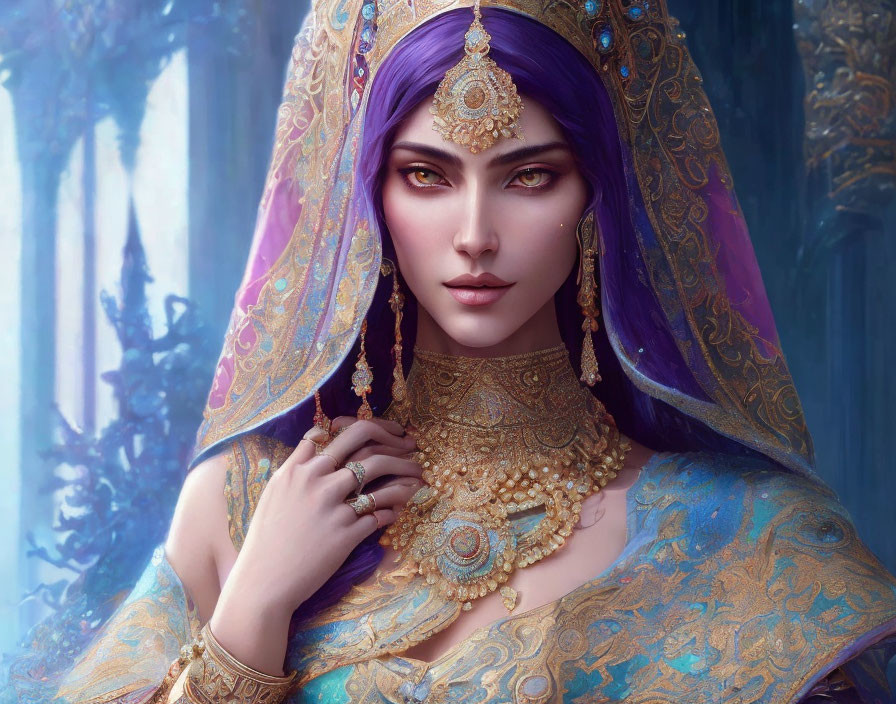 Regal woman with violet hair and purple eyes in ornate attire against enchanted forest.