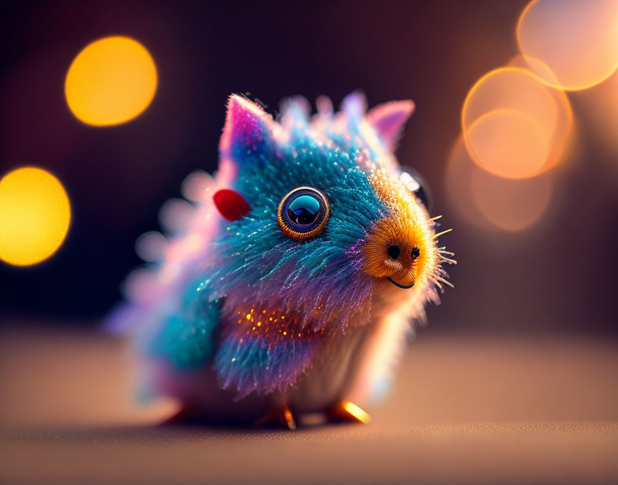 Fluffy Toy Creature with Blue and Pink Fur and Sparkling Eyes