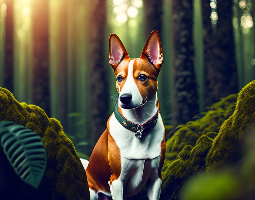 Alert Basenji Dog in Sunlit Forest with Mossy Rocks and Greenery