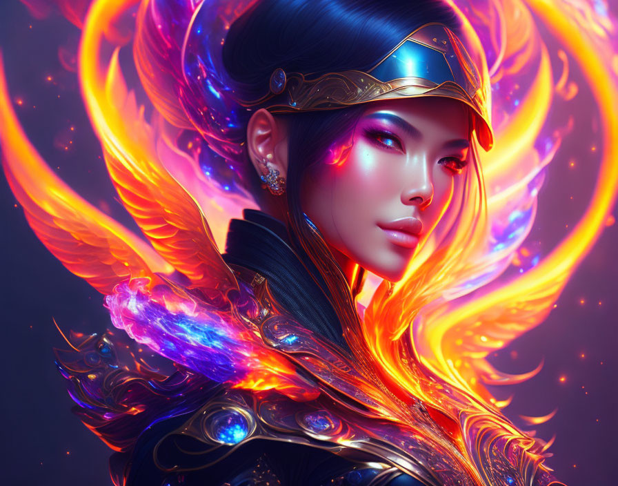 Stylized female warrior with purple eyes, ornate armor, and phoenix wings