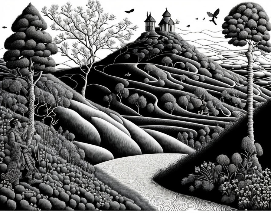 Monochromatic stylized illustration of hilly terrain with patterned vegetation, birds, and distant buildings