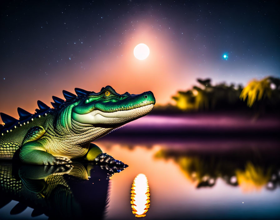 Alligator resting by water at twilight with starry sky and full moon