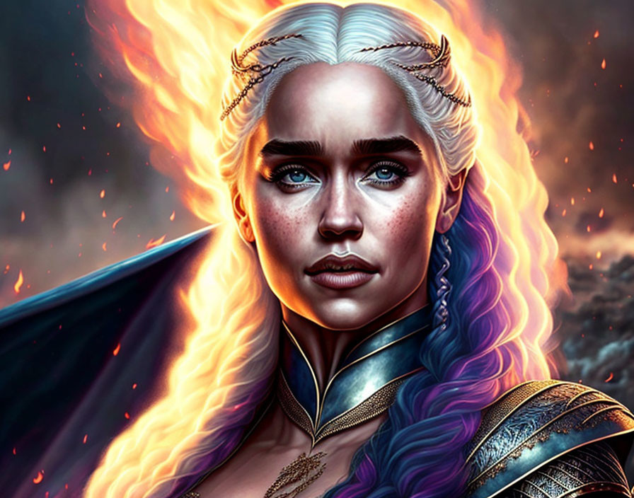 Digital artwork of woman with silver hair, violet eyes, armor, fiery background.