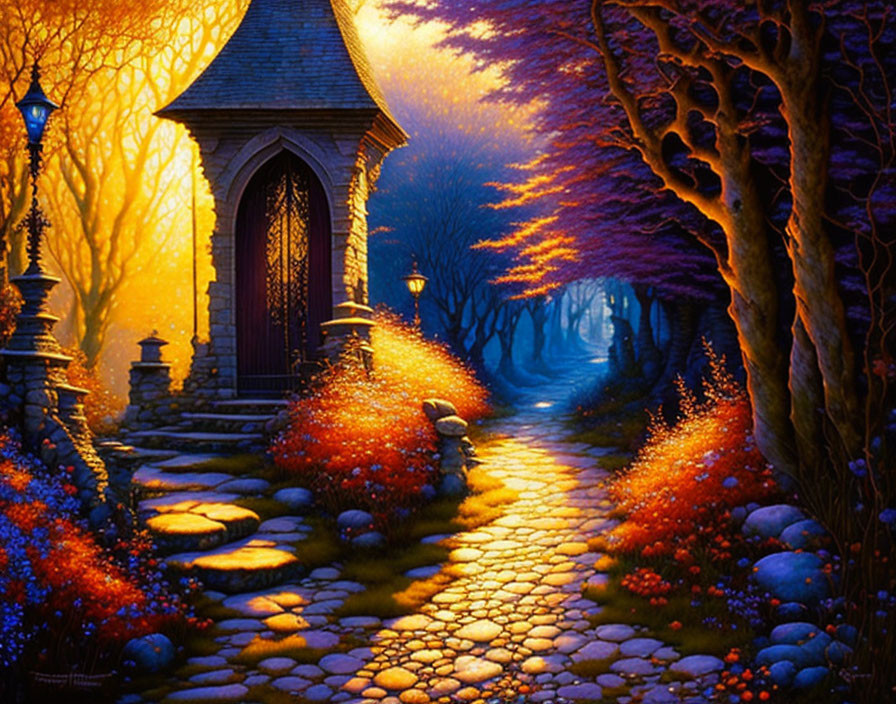 Vibrant fantasy pathway with glowing trees, stone walkway, cottage, twilight sky