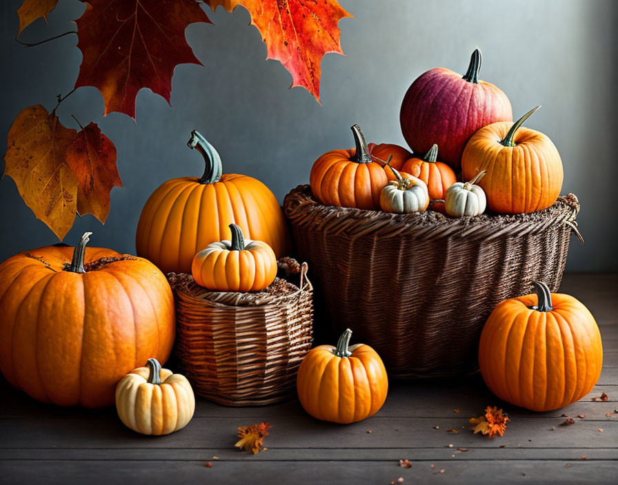 Assorted pumpkins and gourds with basket and leaves on wooden surface