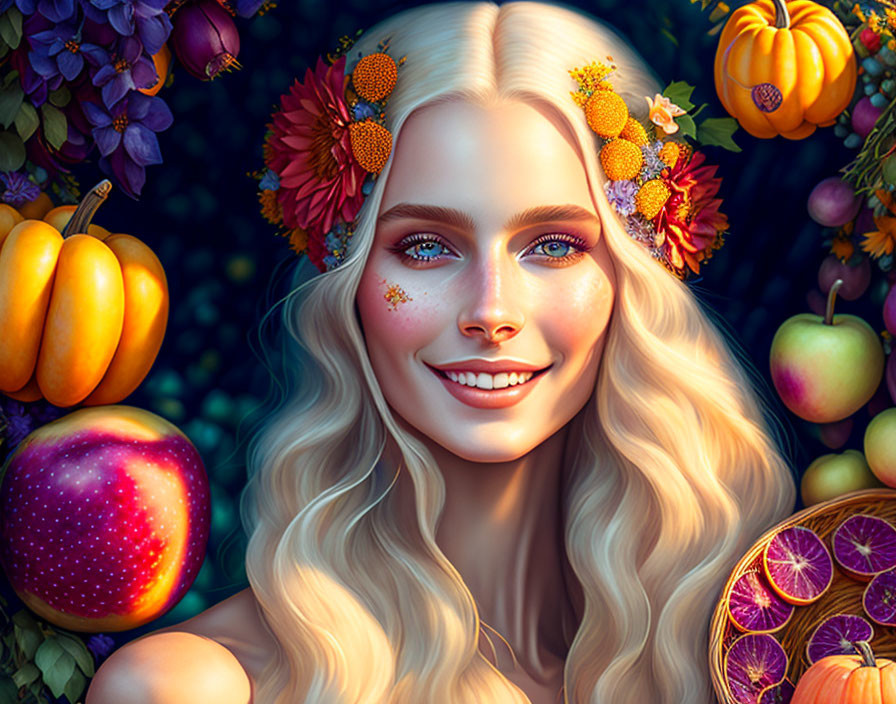 Smiling woman with flower hair adornments among autumn fruits