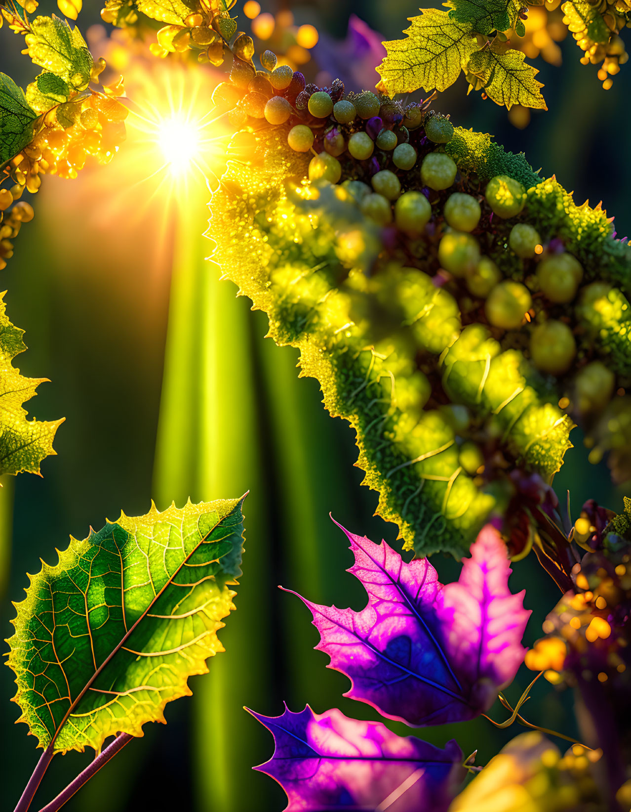 Grapevines with green grapes and colorful leaves under sunlight