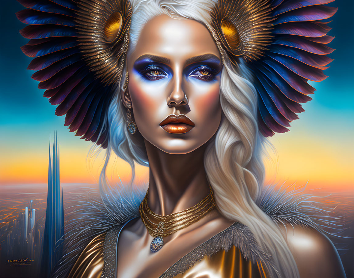 Fantasy female character with blue skin and feathered headwear in sunset cityscape