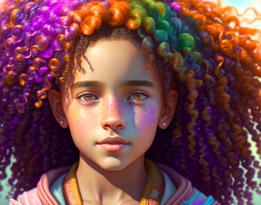 Vibrant Multicolored Curly Hair and Striking Eyes Artwork