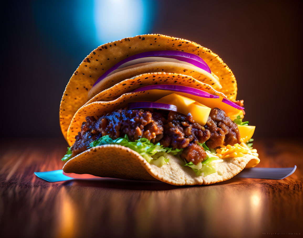 Colorful Ground Beef Taco with Lettuce, Cheese, and Tomato on Blue Holder