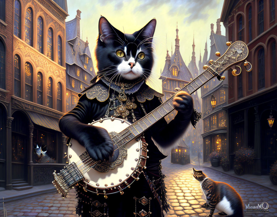 Anthropomorphic black and white cat playing banjo in European street