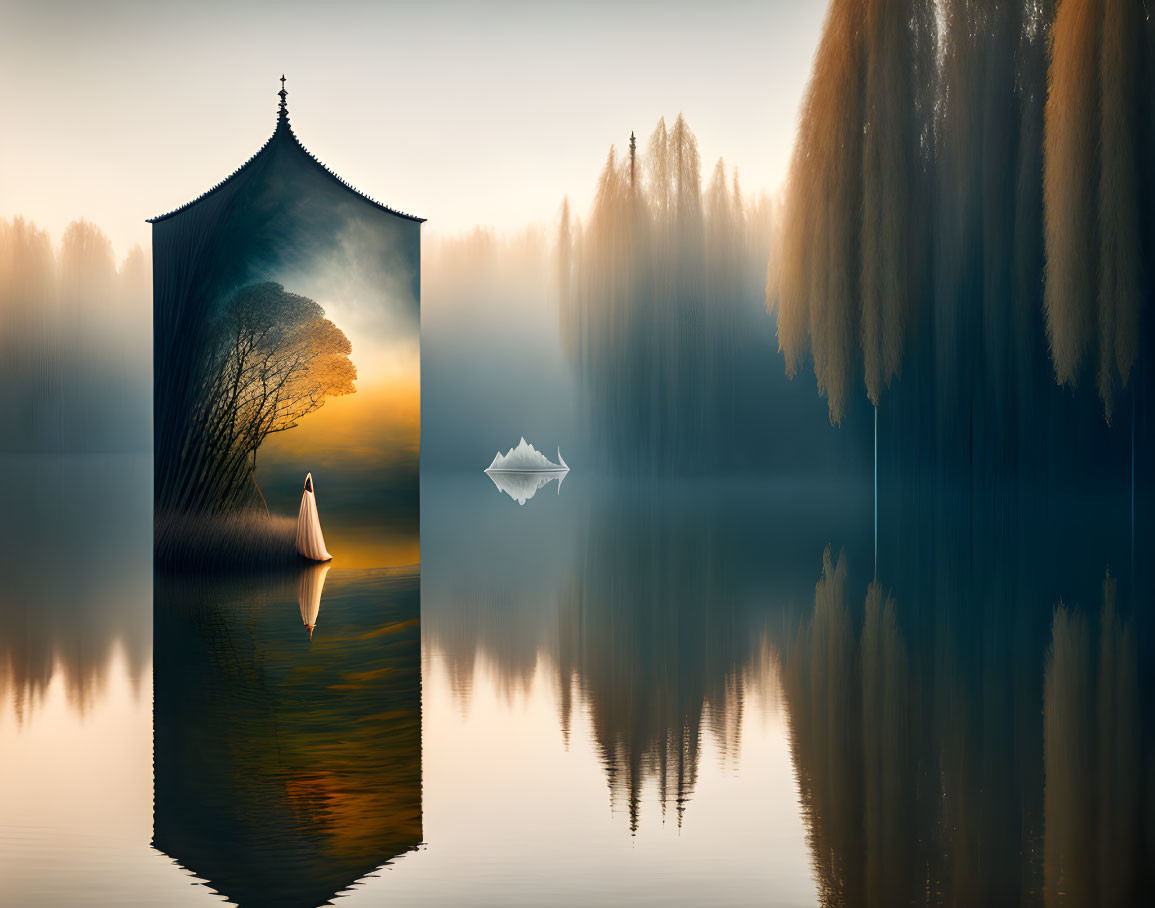 Tranquil landscape with mirrored lake, boat, figure, sunlit tree, pavilion, and