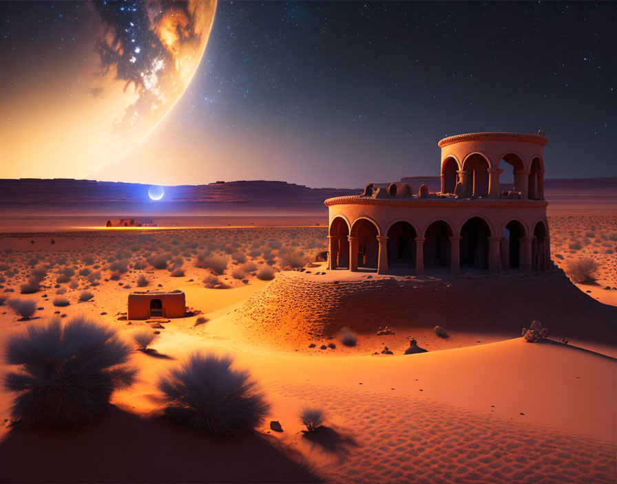 Desert twilight landscape with rising moon, traditional building, vegetation, and starry sky