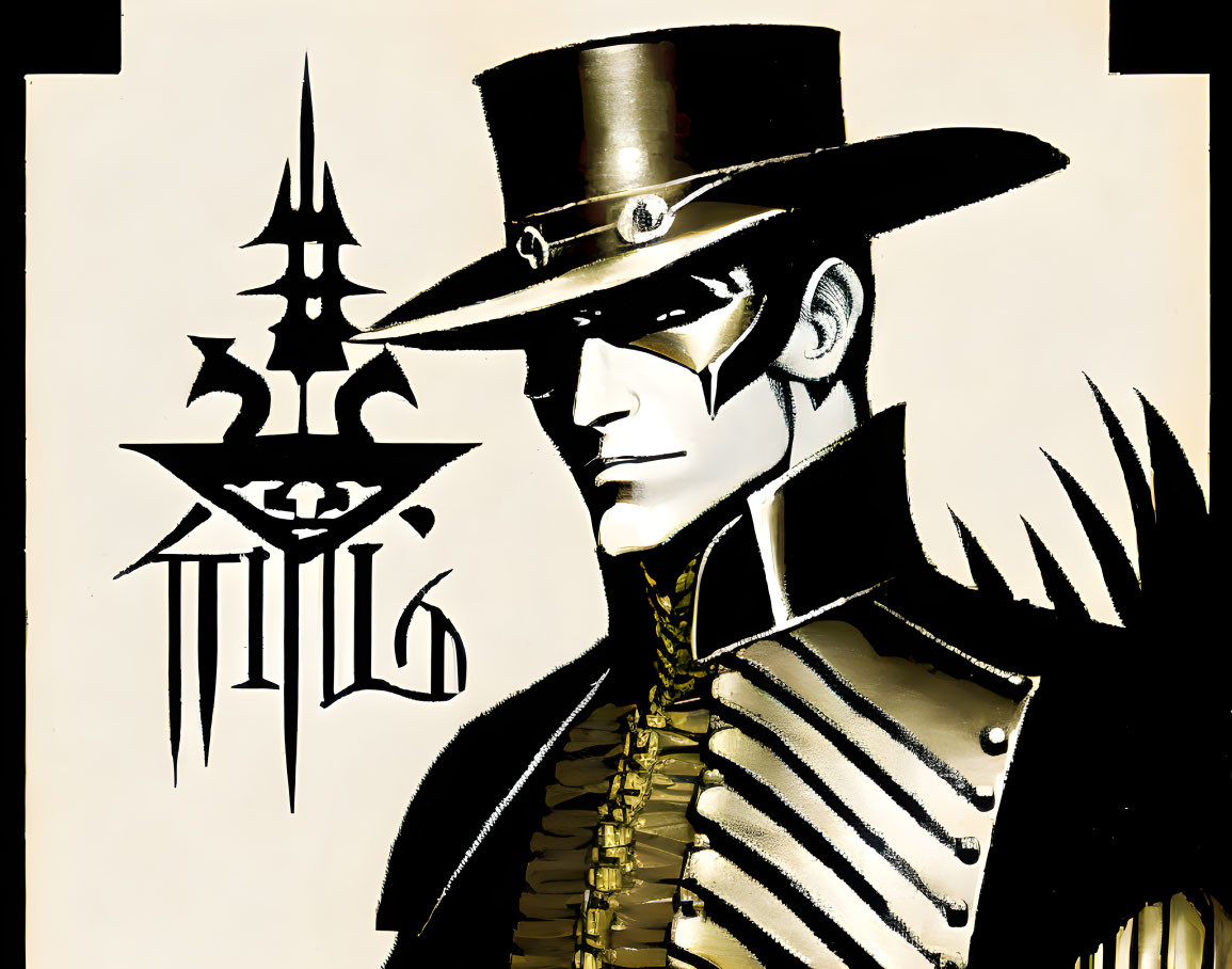 Monochrome character art with top hat and gold accents