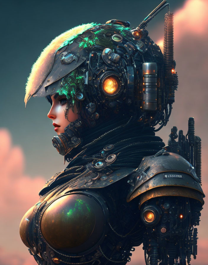 Detailed digital art: Female robot with intricate mechanical parts and glowing elements, fur-lined helmet, soft-focus