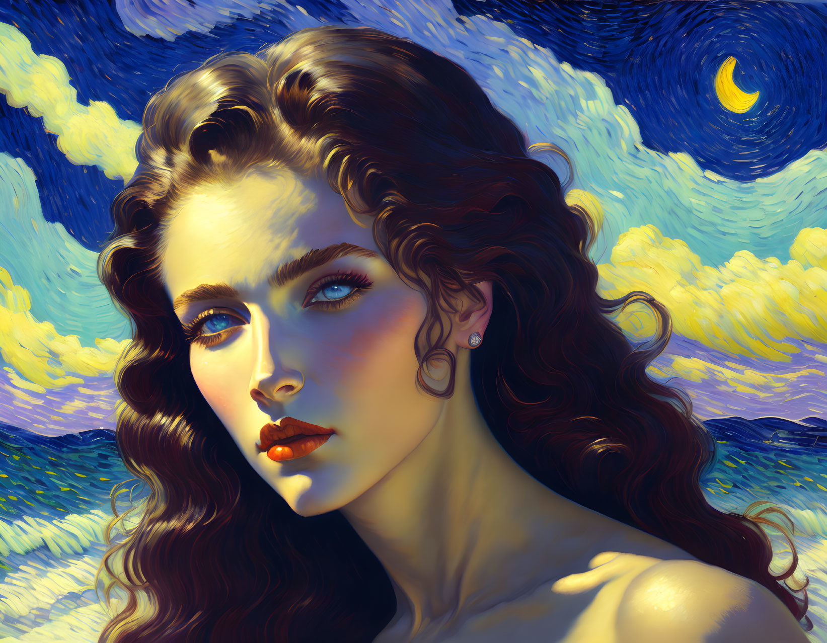 Curly-haired woman in blue tones under starry night sky