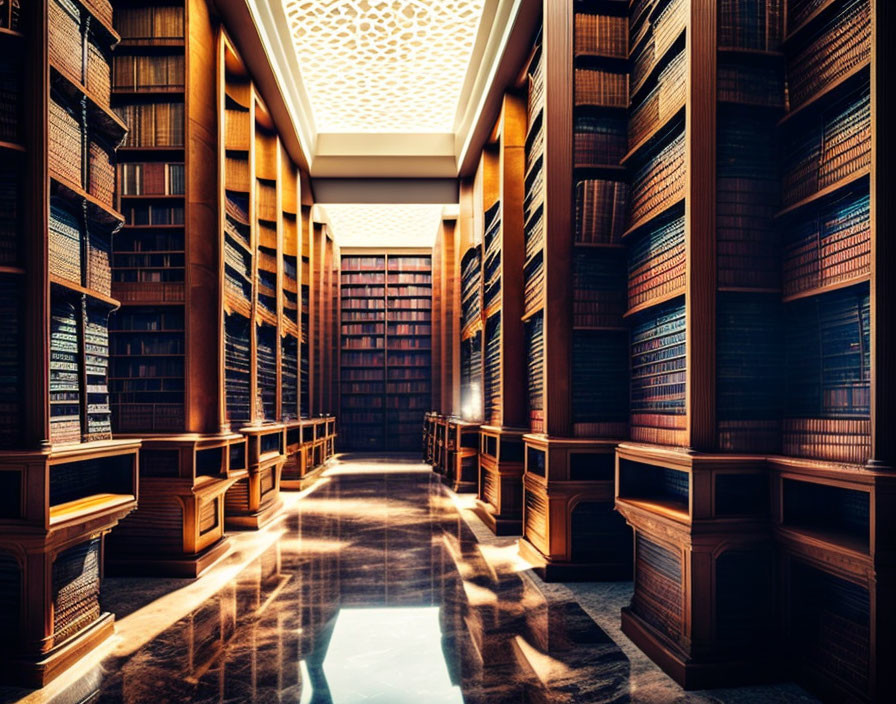 Ornate ceiling and towering bookshelves in grand library