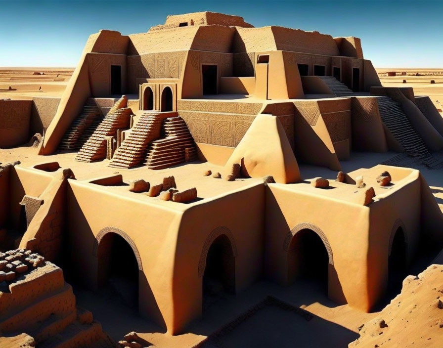 Intricate desert sandcastle with geometric patterns