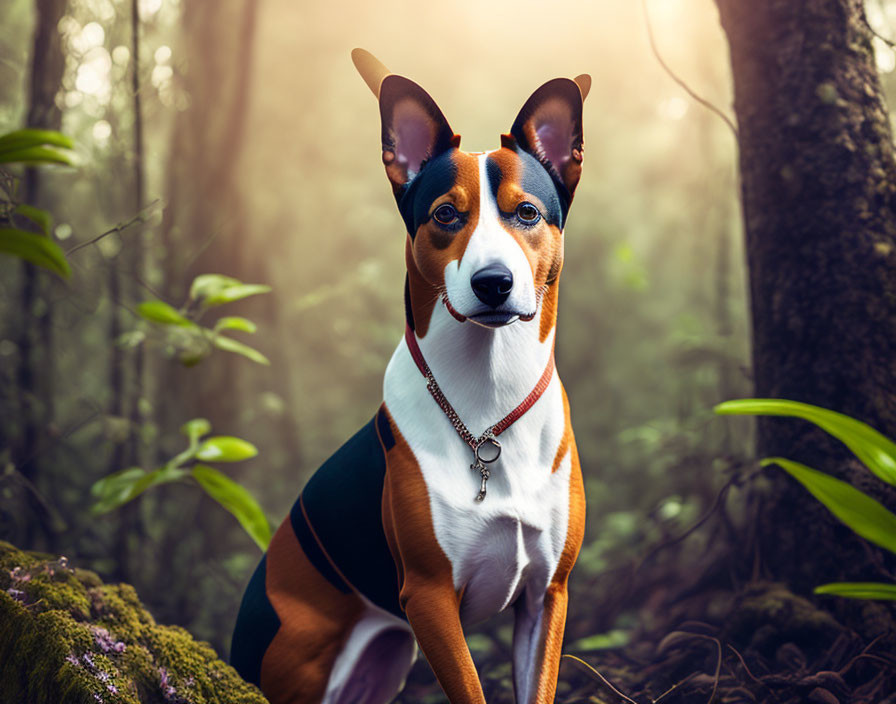 Tricolor dog with chain collar in sunlit forest with mist