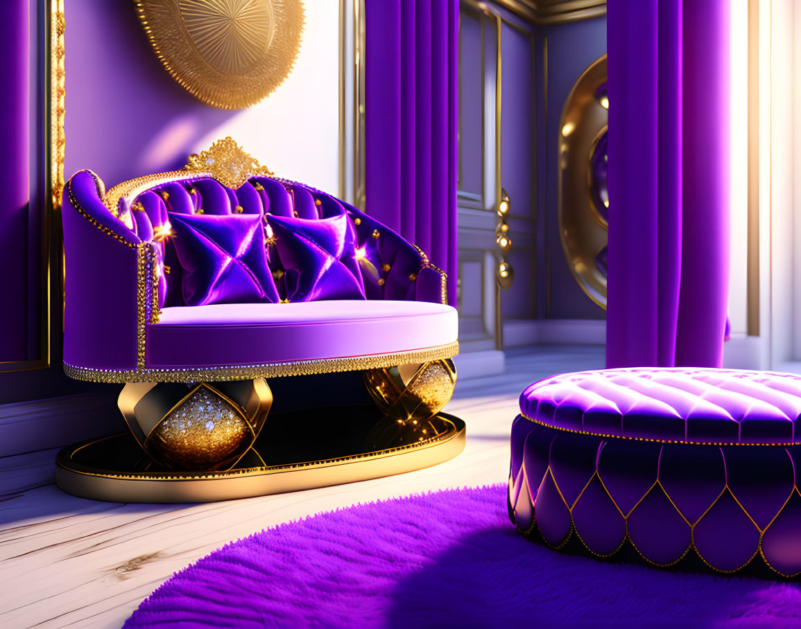 Elegant Purple and Gold Themed Room with Ornate Chair and Footrest