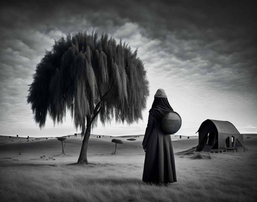 Traditional Attire Figure in Desert Landscape with Tree and Tent