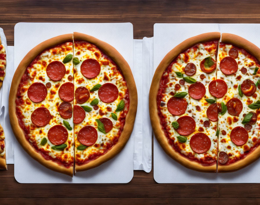 Pepperoni pizzas with melted cheese slices on wooden table