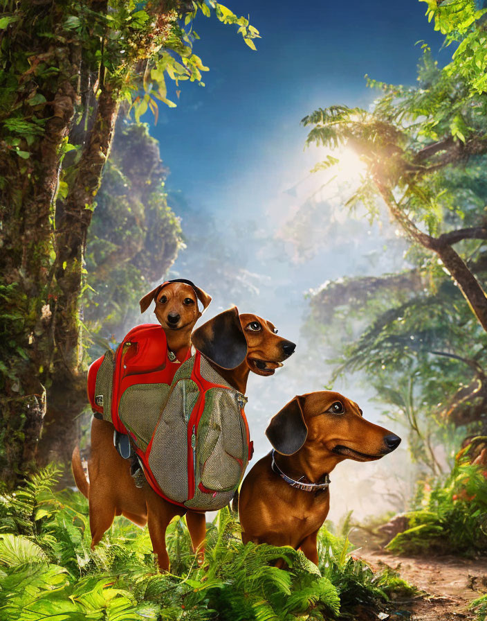 Three dachshunds with backpacks exploring lush forest scene