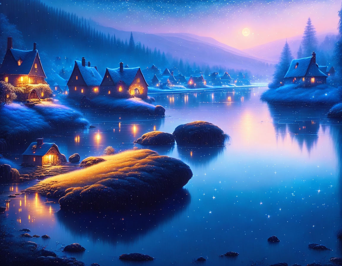 Snow-covered cottages by a calm lake on a serene winter nightscape