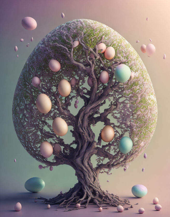 Whimsical brain-like tree with colorful eggs on pastel background