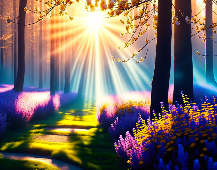 Vibrant forest scene with colorful flowers and glowing path