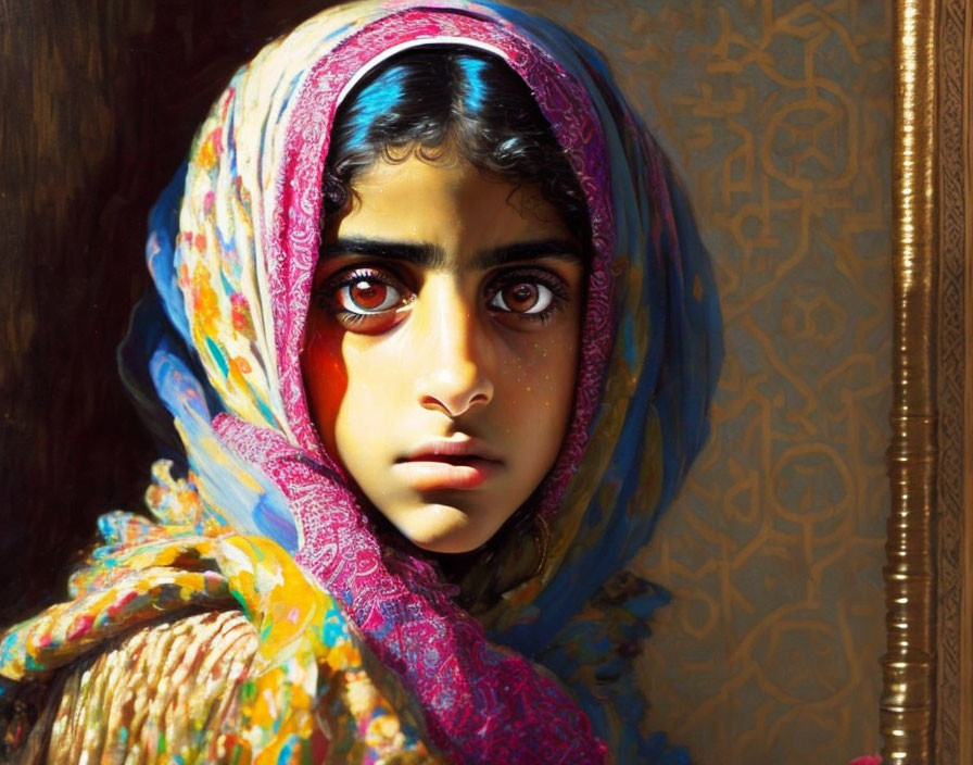 Young girl with striking eyes in colorful shawl beside intricately patterned wall