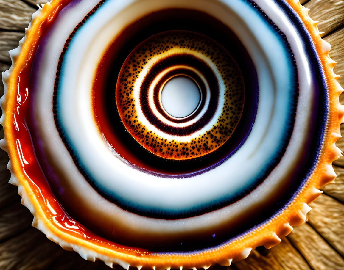 Colorful Ceramic Bowl with Vibrant Circular Glaze Pattern on Wooden Surface