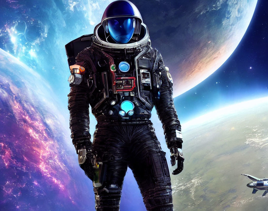 Detailed Astronaut in Spacesuit Against Cosmic Backdrop with Galaxies and Earth-like Planet