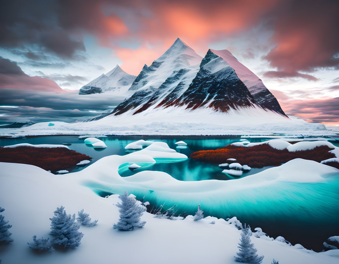 Winter scene: Snowy landscape, blue river, icy float, fiery sky, mountain peaks, frost