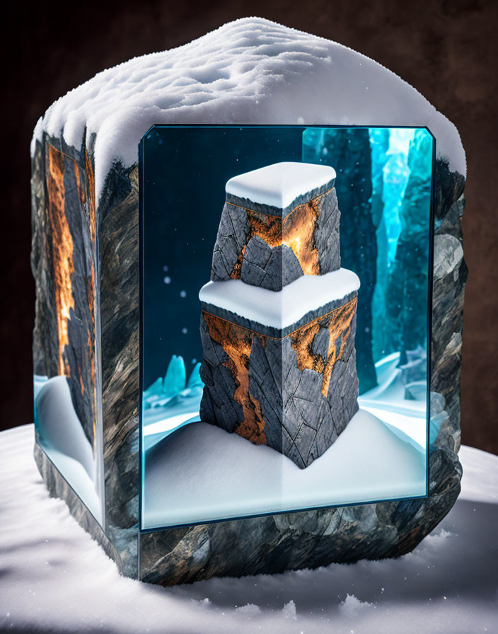 Crystal cube with fiery rock in snowy landscape.