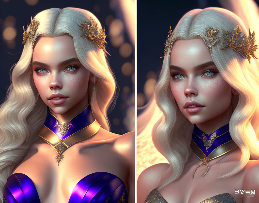 Digital artwork: Woman with blonde wavy hair, golden laurel accessories, purple and gold chokers