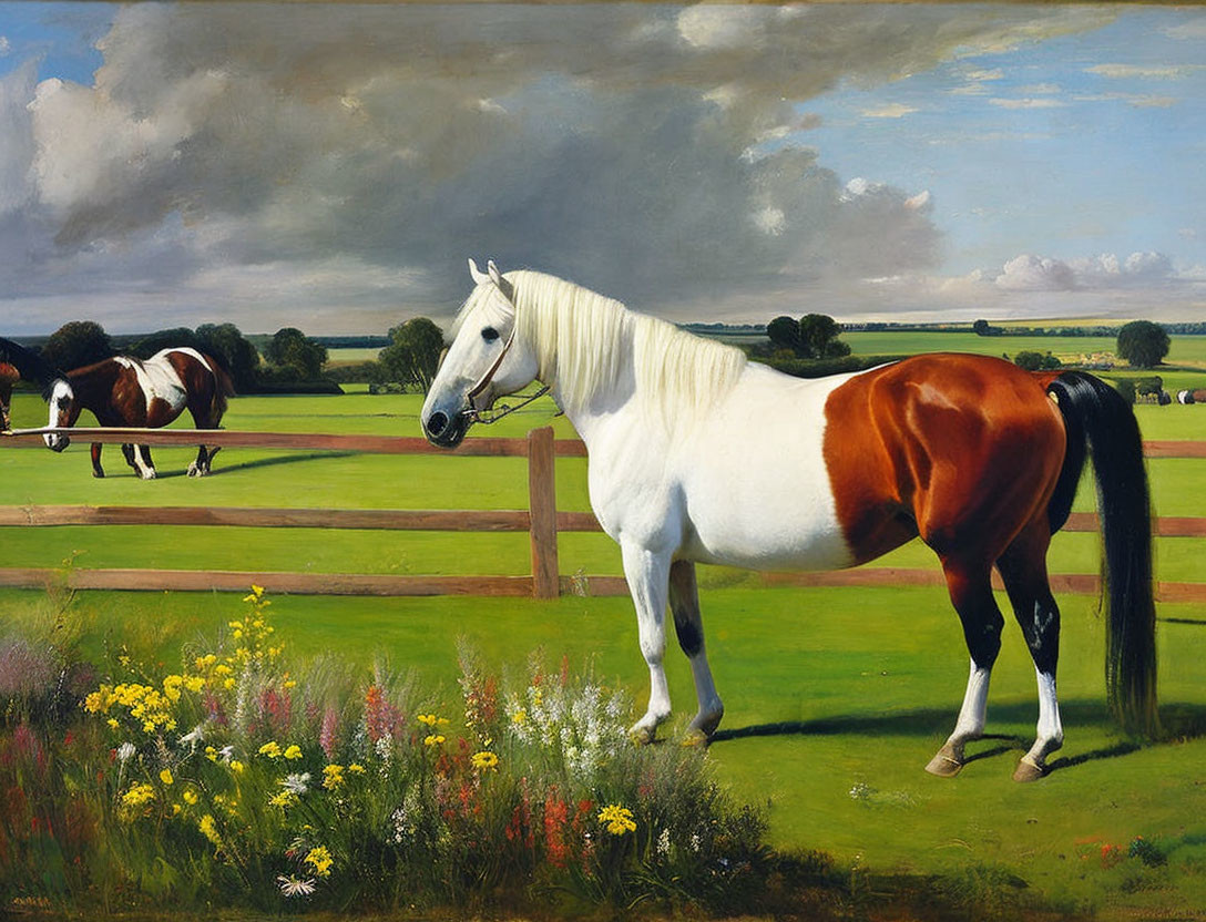 White and chestnut horse in field with cloudy sky