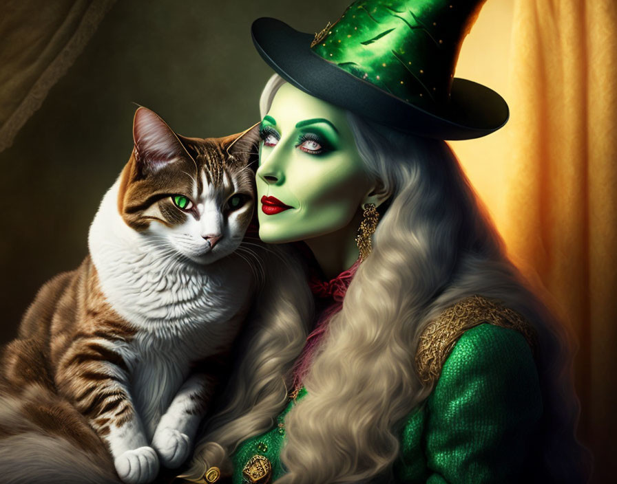 Green-skinned woman in witch attire with silver hair holding a cat