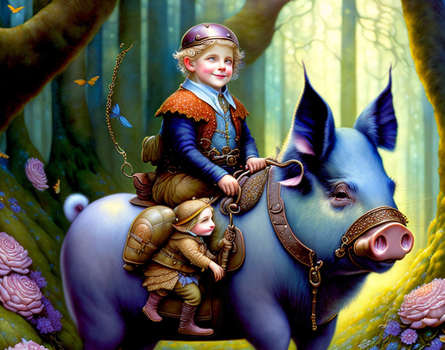 Child knight riding pig with tiny knight in enchanted forest