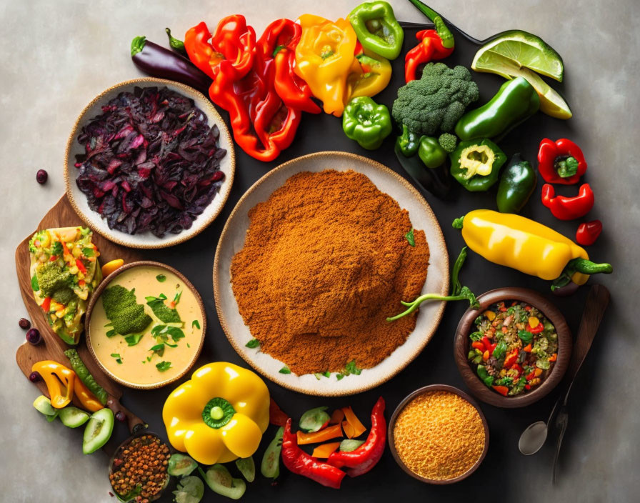 Fresh Vegetables, Peppers, Lime, Grains, and Spices Arranged on Table