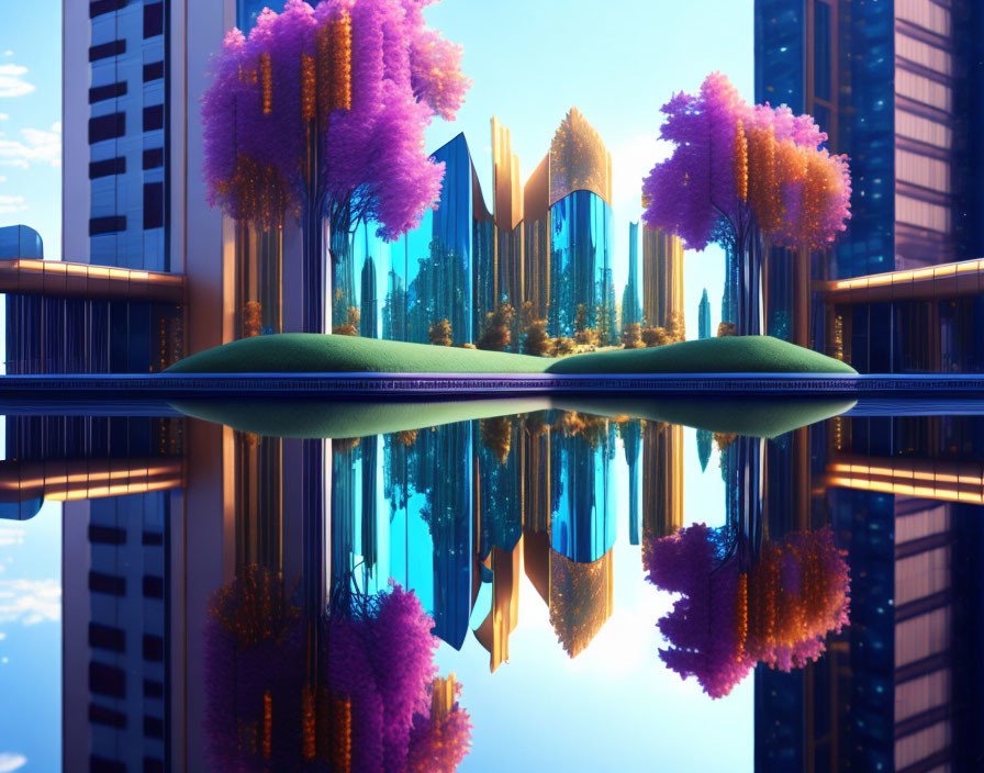 Vibrant purple trees in futuristic cityscape with modern skyscrapers