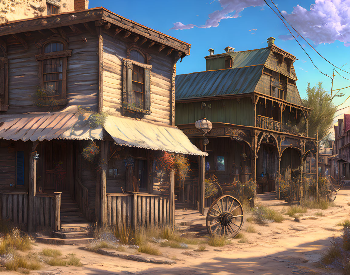 Sunlit dusty street with wooden buildings and wagon wheel.