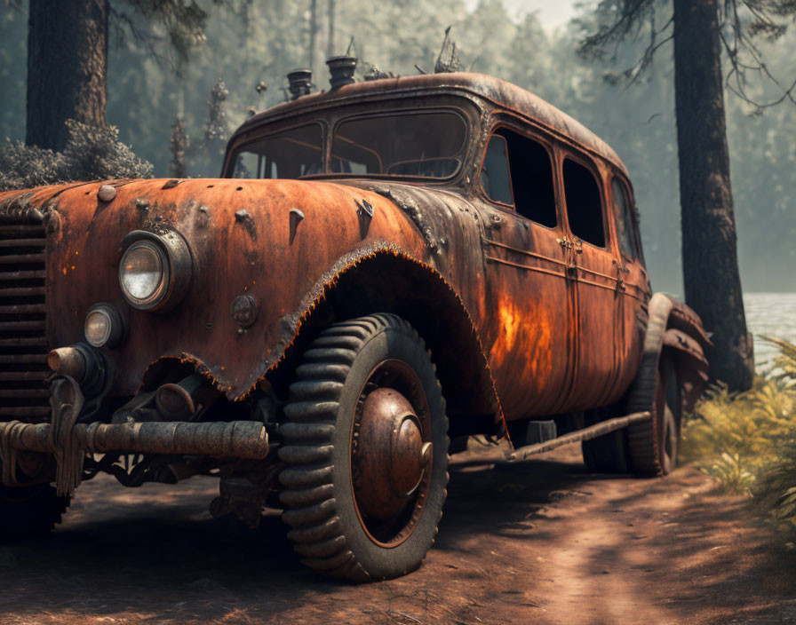 Abandoned vintage vehicle with rusted, weathered surface by woodland path