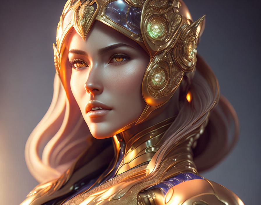 Blonde woman in golden armor with regal aura