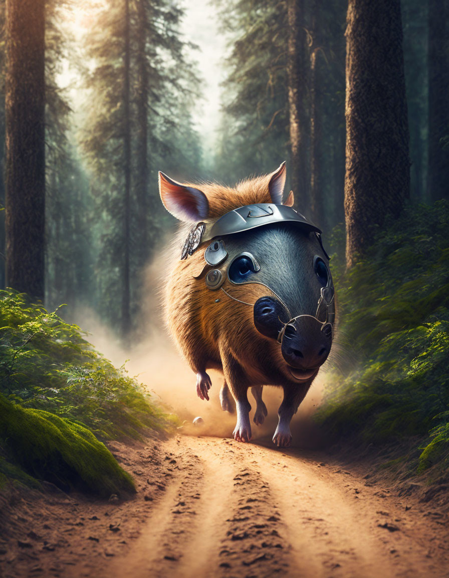 Pig in pilot's hat and goggles on forest trail with sunlight