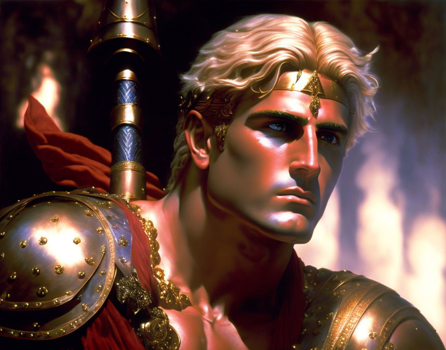 Blond muscular warrior in golden armor with spear on fiery background