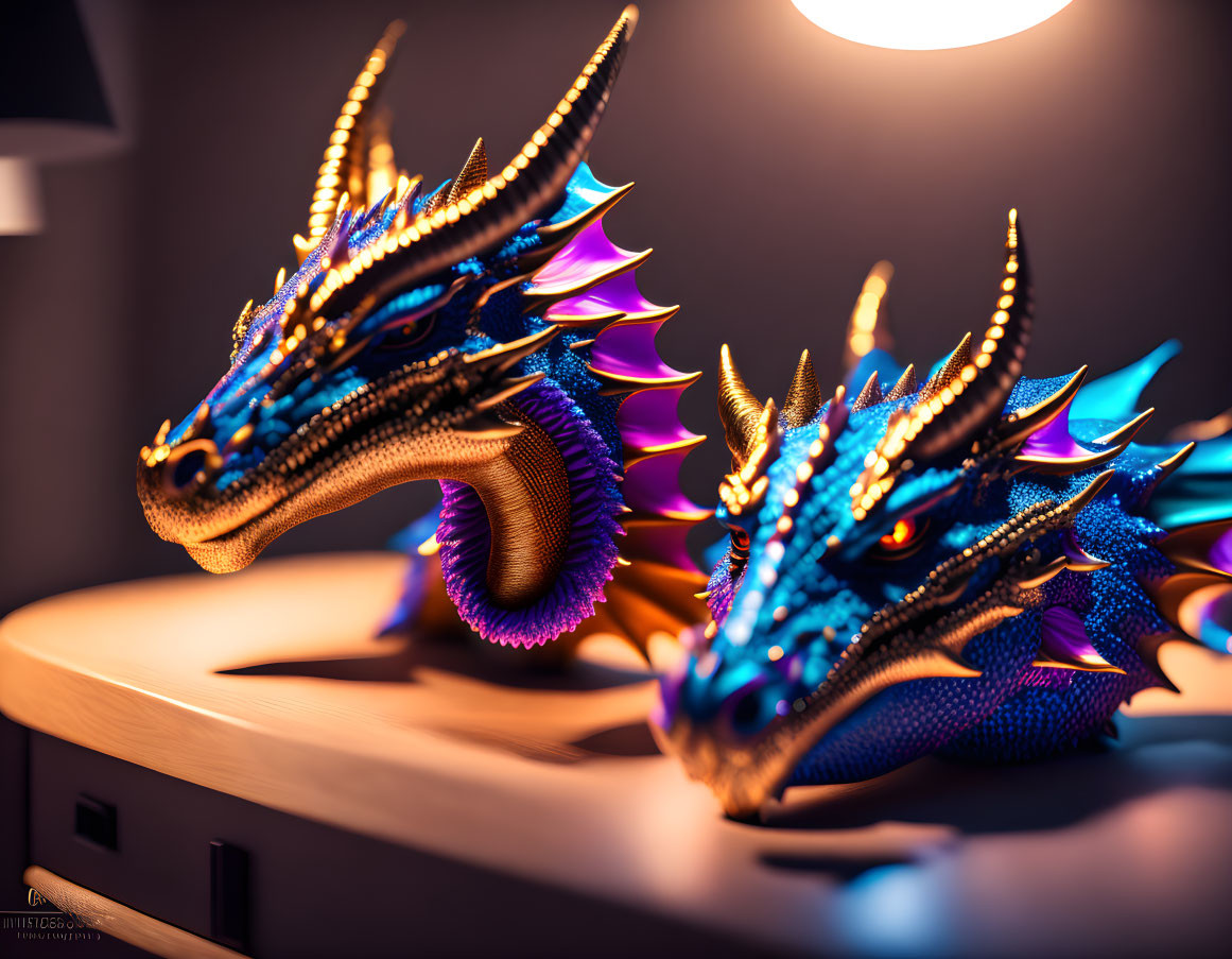 Intricately Detailed Dragon Sculptures with Blue and Purple Hues