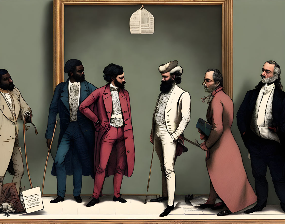 Six historical figures in 19th-century fashion converse by framed document on teal wall