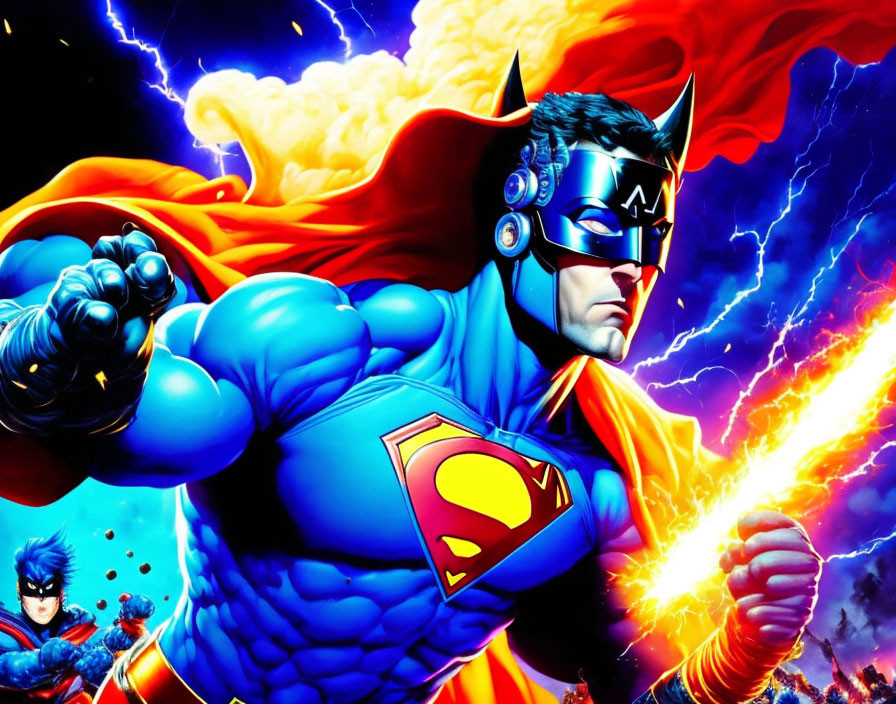 Superman and Batman in blue and red costumes against lightning backdrop